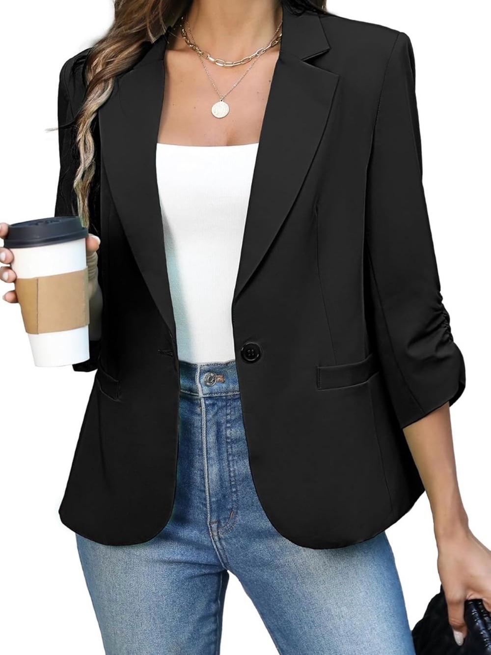 Women's Ruched 3/4 Sleeve Lightweight Slim Fit Blazer NWT